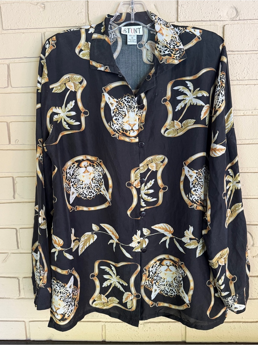 Vtg Stunt 100% Silk Womens Animal Leopard Blouse 80s Old Money Maximalist S